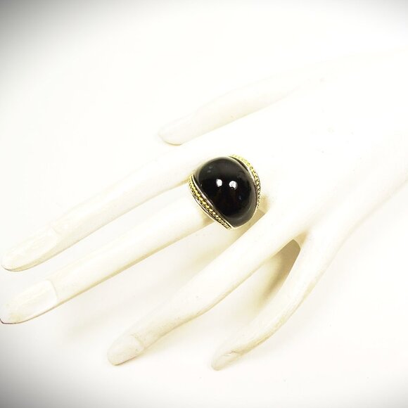 LAGOS Sterling Silver 18K Gold Onyx Cabochon Cocktail Ring Size 6 - Picture 9 of 10